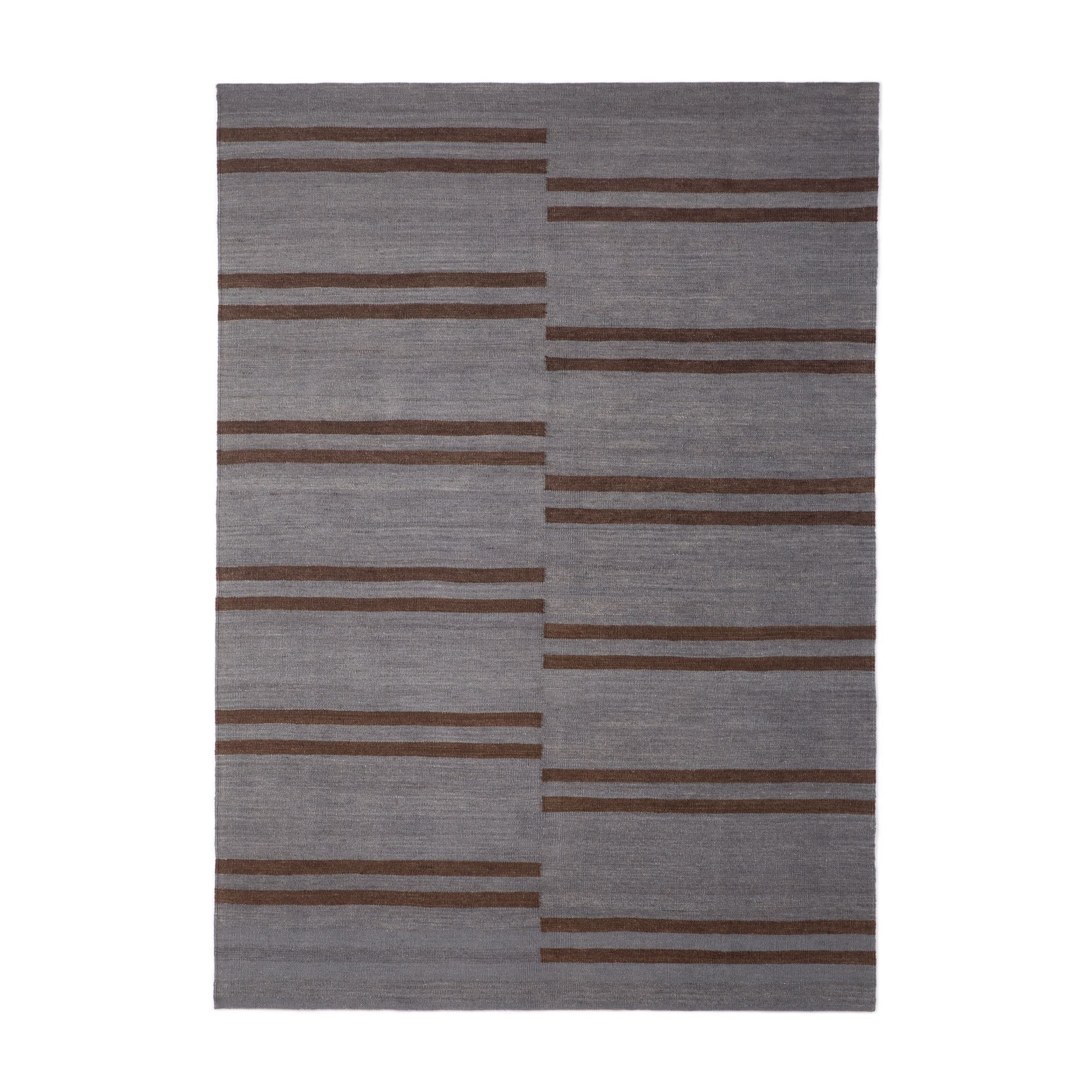Blauer Kilim Teppich mit braunen Streifen, 170x240 cm, Ethno-Design für Wohnzimmer und Schlafzimmer.